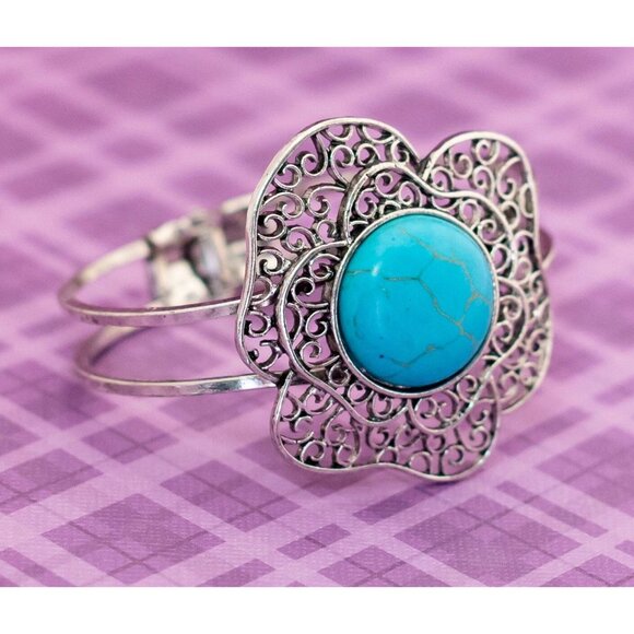 Vintage Floral Wavy Style Circle Blue Hinged Bangle 7 1/2 inch - BX9 - Picture 2 of 4